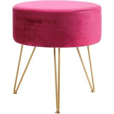 Imagem de SENNIAN Banqueta de pés de veludo redonda pufe otomano banquinho de penteadeira banquinho de metal com pernas removíveis, cadeira de decoração de casa vermelha rosa