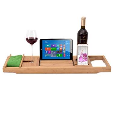 Imagem de Suporte para banheira – Bandeja extensível de madeira com suporte de leitura ajustável para iPad ou Kindle – Suporte para garrafa de vinho e vidro – Compartimento para celular