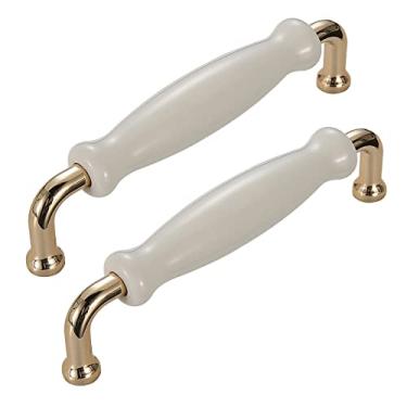 Imagem de ZDJZMGZ 2 maçanetas de gaveta de cerâmica, maçanetas de porta de armário estilo europeu, puxadores de móveis de quarto com parafusos, alça de armário de cozinha, ouro + distância do orifício branco 96