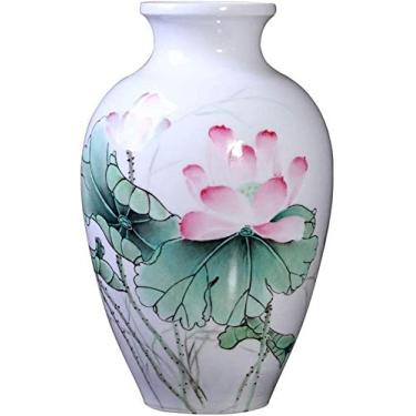 Imagem de Yalych Vaso de estudo de teto pintado à mão escritório cerâmica floral chinesa decoração branca sala de estar verde 32,5 x 17 cm WHLONG decoração de casa