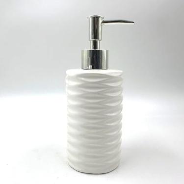Imagem de Porta Sabonete Líquido 350ml em Cerâmica Branca – Frasco Redondo com Válvula Prata para Banheiro e Lavabo | Elegante e Durável(KB3104 BRANCO)