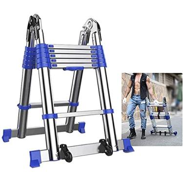 Imagem de OKUOKA Escada telescópica multiuso com barra estabilizadora e rodas, escada de extensão telescópica portátil para uso externo (tamanho: 3,15 m + 3,15 m + 3,1 m)