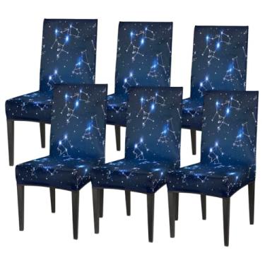 Imagem de Conjunto de 6 capas elásticas para cadeira de sala de jantar, 12 capas protetoras de assento de cadeira, espaço de constelação, azul, removível, lavável, para cozinha, casa, hotel, banquete, festa de