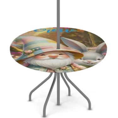 Imagem de hongjinglin Toalha de mesa de Páscoa para uso ao ar livre com orifício para guarda-chuva, toalha de mesa redonda elástica com zíper, impermeável, limpável, para piquenique, festa, pátio, serve para