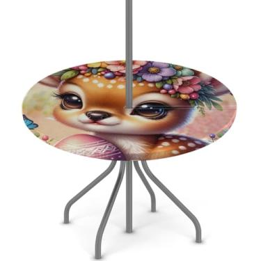 Imagem de hongjinglin Toalha de mesa de Páscoa para uso ao ar livre com orifício para guarda-chuva, toalha de mesa redonda elástica com zíper, impermeável, limpável, para piquenique, festa, pátio, serve para