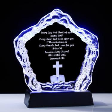 Imagem de Presentes cristãos com base de LED, cristal de iceberg 3D gravado com versículos da Bíblia, lembrança religiosa inspiradora para mulheres e homens, batismo exclusivo, aniversário, presente espiritual
