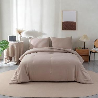Imagem de ZGXIONG Conjunto de edredom queen bege ultramacio, 3 peças, aconchegante, 1 edredom e 2 fronhas - leve e respirável, mas quente para uso em todas as estações, casal/queen