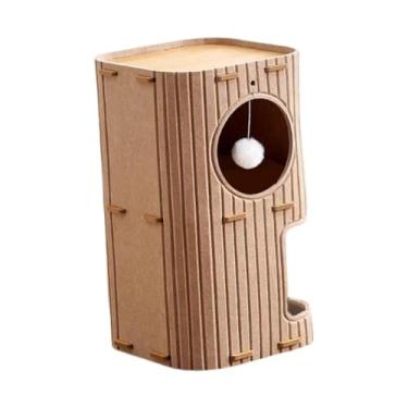 Imagem de ＡＷＨＡＯ Refúgio portátil para gatos, cama de feltro com bola pendurada, condomínio e arranhador, Castanho Claro, 2 níveis