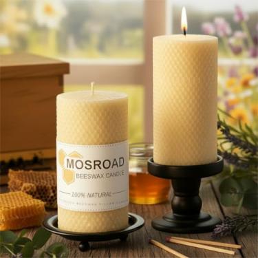 Imagem de Velas brancas de cera de abelha de 8 x 15 cm, 2 pacotes, velas de pilar de cera branca enroladas à mão, vela de cera de abelha pura natural, presentes de fazenda para decoração de casa, amantes de