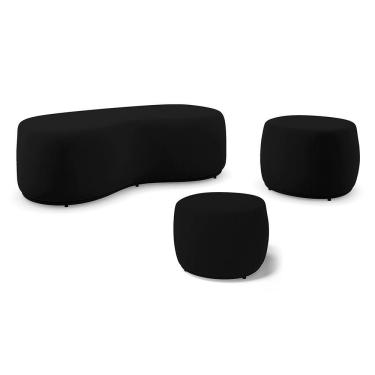 Imagem de Conjunto 03 Puffs Decorativos Living Aisha Orgânico Suede Preto - Desk Design