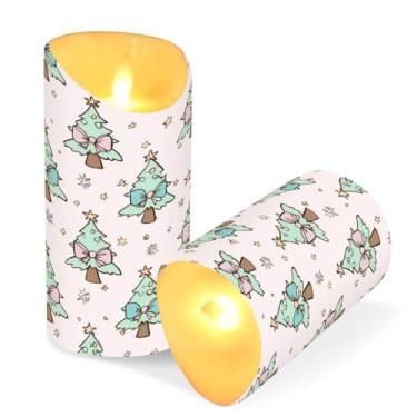 Imagem de Blueangle Pacote com 2 árvores de Natal com laços, velas sem chamas com controle remoto e temporizador, velas LED cintilantes (7,6 cm x 9,9 cm) para decoração de casa, casamento, acampamento (875)