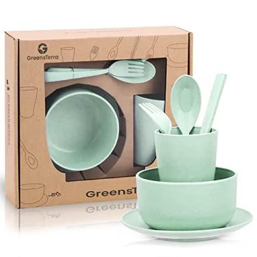 Imagem de GREENSTERRA Conjunto de louça de palha de trigo ecológico – Pratos e tigelas de palha de trigo reutilizáveis e duráveis com utensílios – Ótimo para piquenique, acampamento – seguro para micro-ondas e lava-louças – Verde
