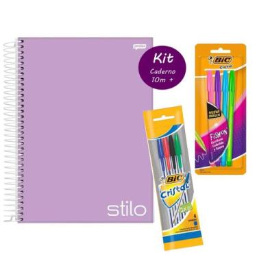 Imagem de Kit Caderno Espiral 10m Capa Dura 160 fls Lilás Pastel + Kit 8 Canetas