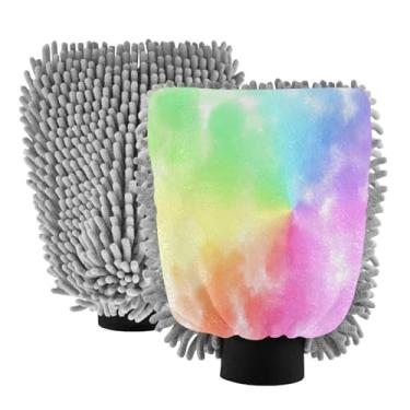 Imagem de STAYTOP Luvas de lavagem de carro lindas cores arco-íris, 2 peças, luvas de microfibra de chenille, sem arranhões, panos de esponja de lavagem ultra absorventes para carros, limpeza doméstica - G