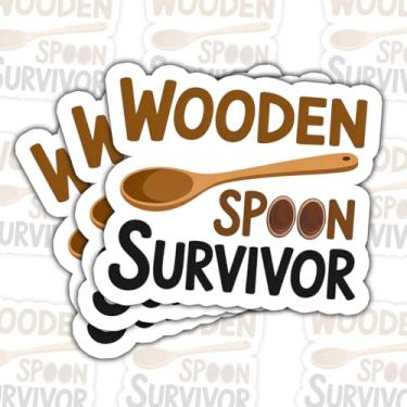 Imagem de 3 peças de adesivos de sobrevivente de colher de madeira – Decalques de vinil engraçados retrô de humor infantil para laptop, garrafa de água, caderno, carro, pacote de adesivos de piada de família