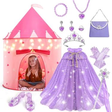 Imagem de WTOR 15 peças de barraca de brincar, castelo de princesa, com estrelas de LED que brilham no escuro para meninas - capa de fantasia de princesa com coroa, barraca de brincar/brinquedo doméstico para