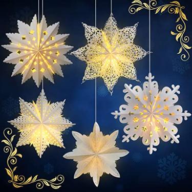 Imagem de Mudder 5 peças de lanterna de papel grande de floco de neve de Natal com 7 luzes de papel estrela de 59,6/40,7 cm, lanterna pendurada em 3D, decoração de festa para casamentos, Natal, árvores (estilo