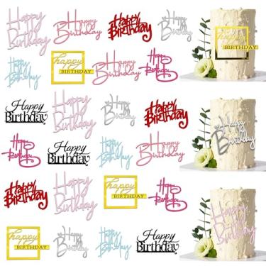 Imagem de 24 peças de topo de bolo de feliz aniversário espelho acrílico decoração de bolo lateral em 8 cores preto prata ouro rosa rosa vermelho azul vermelho ideal suprimentos para festa de aniversário 8
