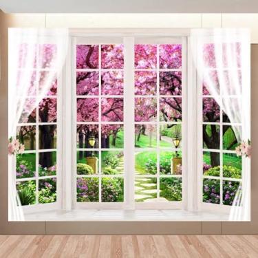 Imagem de Pano de fundo para janela de primavera, 3 x 2,4 m, jardim, flores de cerejeira, árvore de floresta, cenário natural, cenário fotográfico, pano de fundo de Páscoa, primavera, decoração de festa de