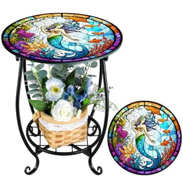 Imagem de Cinnvoice Mesa lateral redonda pequena mosaico com detalhe de pátio interior planta de café mesa de chá para quintal, varanda, jardim, pátio, sala de estar, quarto (estilo empregada, 35 cm)