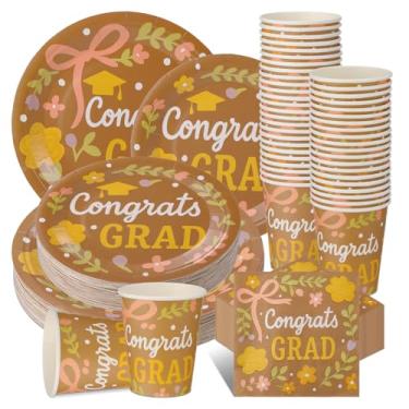 Imagem de FoldTier 200 peças de utensílios de mesa florais para festa de formatura conjunto de louça descartável para festa de 2026 com parabéns, pratos de papel, guardanapos, copos de sobremesa, 18 cm, 23 cm