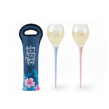 Imagem de Kit 2 Taças Praia Wine on The Beach + Bolsa para Vinho Neoprene – Estaca para Areia – 520ml – Transporte Seguro – Ideal Praia, Pôr do Sol e Passeios (Rosa e Azul, Bolsa para Vinho Great Day)