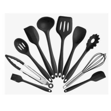 Imagem de Jogo 10 Colheres de Silicone com Cabo de Inox – Utensílios de Cozinha Resistente e Antiaderrapante para Cozinhar com Facilidade (preto)