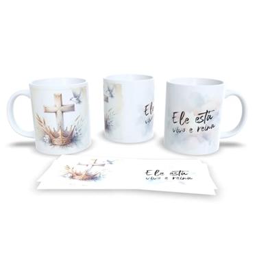 Imagem de Caneca com Arte em Aquarela, Paisagem Natural ao Pôr do Sol, Cerâmica Branca com Frase 'Ele Ressuscitou, Assim Como Disse', Design Inspirador (17266)
