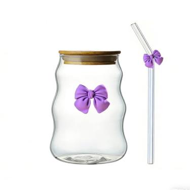 Imagem de 1 copo de vidro elegante com laço com tampa e canudo - Louça reutilizável listrada ondulada, ideal para leite, café e decoração de casa - perfeita para o dia dos namorados e celebrações, acessórios de