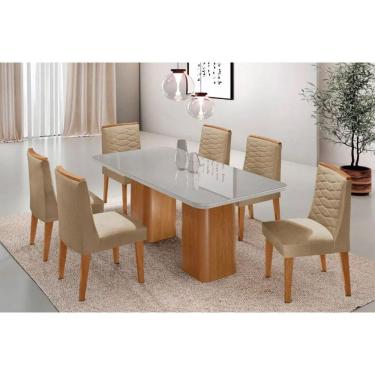 Imagem de Sala Jantar Mesa Maldivas Tampo c/ Vidro Curvo 180cm+6 Cadeiras Maldivas Madeira Naturale/Off White - Capuccino/Linho Bege - Rufato