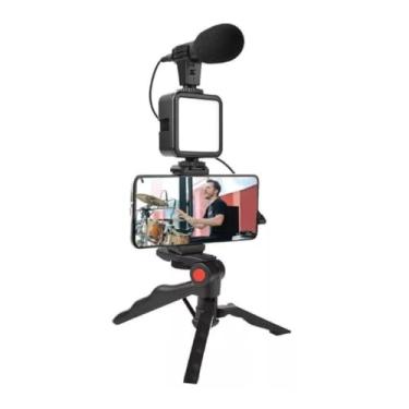 Imagem de Suporte para Celular com Tripé, Luz LED e Microfone para Streaming, Podcast e Selfie, Compatível com Smartphones 4.7-6.5 Polegadas, Preto