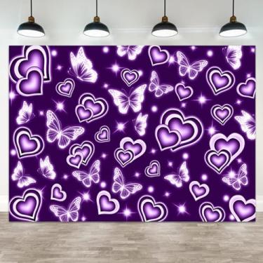 Imagem de ASDCXZ 3 x 2,4 m fundo roxo coração início dos anos 2000 Y2K fundo fotográfico old school anos 90 glitter coração borboleta bandeira dia dos namorados decoração festa de casamento aniversário chá de
