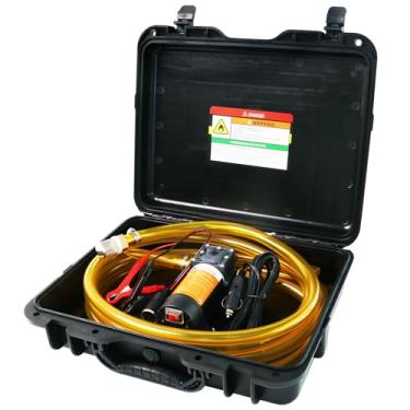 Imagem de Bomba de transferência de combustível de 12 V move 120 galões de gás ou diesel por hora. Com plugue de isqueiro, clipe de bateria e estojo de transporte aprimorado. Ideal para UTVs, veículos, barcos