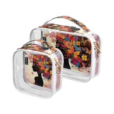 Imagem de GAIGEO Bolsa de cosméticos com 2 zíperes coloridos para caminhões e aviões, bolsas de higiene para mulheres de viagem, pacote com 2, Menina com flores - 1, one size