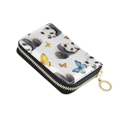 Imagem de 9 compartimentos para cartão de crédito e 2 compartimentos para dinheiro, carteira feminina de couro pequena com zíper com bolsa de moedas, aquarela fofa panda borboleta