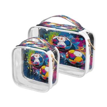 Imagem de GAIGEO Bolsa de cosméticos à prova d'água de Natal com estrelas e árvores, bolsas de maquiagem para viagens, bolsas de maquiagem para mulheres, pacote com 2, Bolas de futebol coloridas com tinta spray