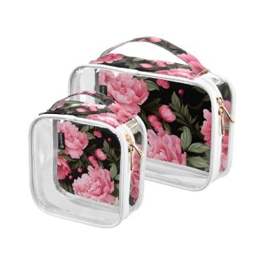 Imagem de GAIGEO Bolsa transparente de viagem com flores rosa e verdes, bolsa transparente para artigos de higiene pessoal, bolsas de acessórios de viagem, pacote com 2, Flor de peônia em preto-2, one size
