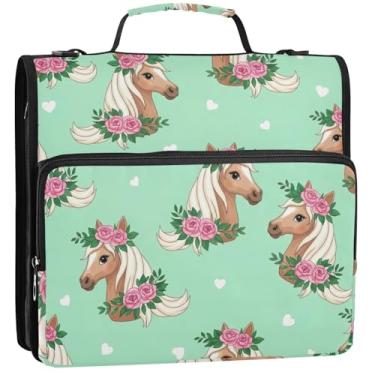 Imagem de Organizador de fichário com zíper de crina branca com cavalo marrom fofo, 3 argolas de 3,8 cm, bolsa escolar com alça de ombro, portfólio e estojo para pasta de anel, 34,5 x 31,5 x 9 cm