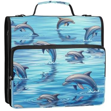 Imagem de 3 fichários de tecido, anel D de 3,5 cm, lindos golfinhos saltadores, organizador de fichário com zíper, comporta 500 folhas, bolsa escolar com alça de ombro, 34,5 x 31,5 x 9 cm