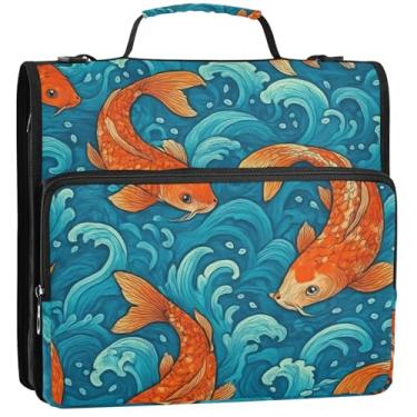 Imagem de Fish Ocean Waves Organizador de fichário azul com zíper de 3,5 polegadas, 3 anéis, bolsa de fichário resistente com alça para escola, vários bolsos, pasta grande, 34,5 x 31,5 x 9 cm
