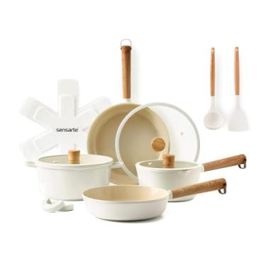 Imagem de SENSARTE Conjunto de panelas antiaderentes de cerâmica, conjunto de panelas e frigideiras saudáveis não tóxicos, conjunto de cozinha revestido de cerâmica, livre de PFAS/PTFE adicionado