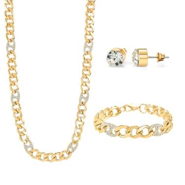 Imagem de American Exchange Conjunto de joias masculinas douradas – Colar de corrente combinando, pulseira e brincos brilhantes