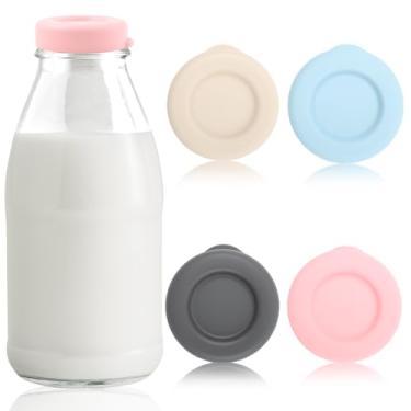 Imagem de Pacote com 6 tampas de silicone para garrafas de leite - tampas de substituição de jarro de vidro multicolorido de 48 mm servem para Stanpac & Libbey e armazene sua casa e a loja de laticínios, tampas