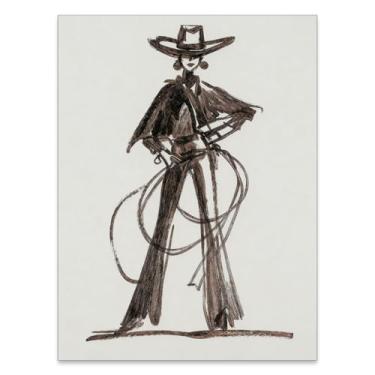 Imagem de Haitunone Pôster em tela marrom cowgirl retrô arte de parede do sudoeste moderno minimalista esboço imagens para quarto casa fazenda decoração de parede 30,5 x 40,6 cm sem moldura