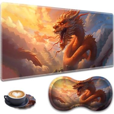 Imagem de Mouse pad grande para jogos + descanso de pulso + porta-copos de renda, conjunto antiderrapante, com bordas costuradas e tapete de mesa expansível à prova d'água, adequado para escritório/casa, dragão