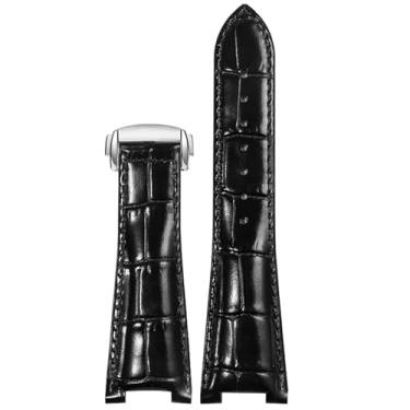 Imagem de CYSUE Fivela dobrável pulseira de relógio de couro substituto série Omega constelation masculina interface côncava pulseira de couro com 25 mm (cor: fecho preto prata, tamanho: 25-13 mm)