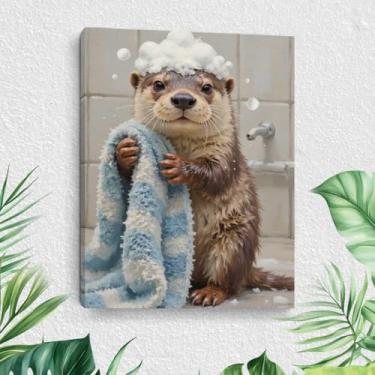 Imagem de Imagem de arte de parede em tela de banheiro de lontra, impressão de pôster de animal engraçado, lontra fofa e papel higiênico em pintura higiênica, humor moderno, arte de banheiro, decoração de