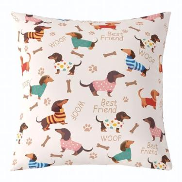 Imagem de Capa de almofada fofa de Dachshund, desenho animado de cachorrinho, capa de almofada de corpo longo, 40,6 cm x 40,6 cm para carro, trailer, acampamento, escritório, pegada de cachorro, silhueta óssea