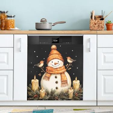 Imagem de xigua Capa magnética preta de boneco de neve de Natal, adesivos magnéticos decorativos antiarranhões para painel de geladeira e lava-louças, decoração personalizada de cozinha doméstica 58 x 66 cm