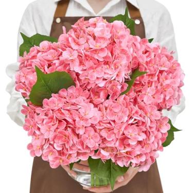 Imagem de Serwalin 5 peças de flores artificiais de hortênsia de toque real com hastes longas, flores de hortênsia falsas grandes realistas de látex rosa choque de 50 cm para decoração de mesa de família